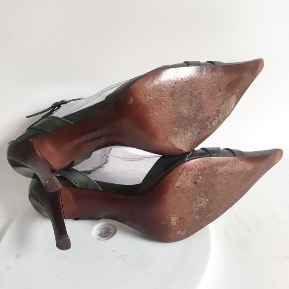 Aldo Heels Size 9 Y2K 90s Olive Green Leather Pointy Toe Ankle Strap Stiletto - Picture 10 of 11